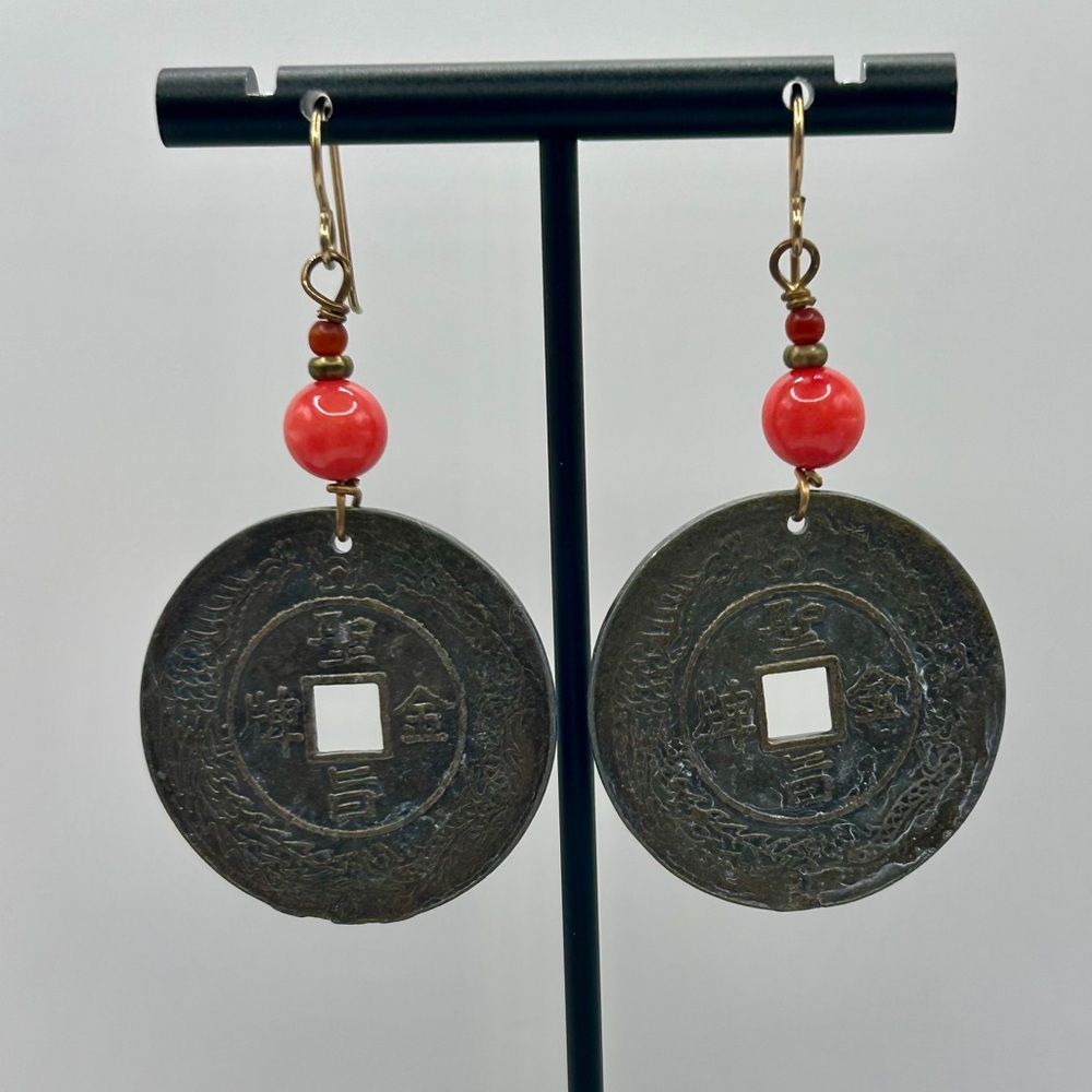Vintage Asian Charm Coin Dangle Earrings